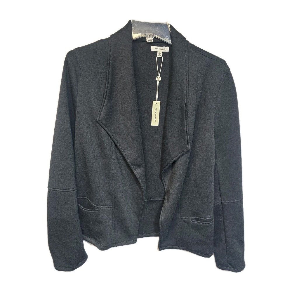 MAX STUDIO Blazer Jacket Size L‎ Women's Black Open Front Pocket Long Sleeve New